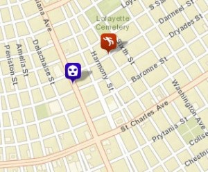 Locations of the fatal shooting on Danneel Street and a July 12 robbery in which the same suspects are charged. (map via NOPD.com)