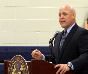 Mayor Mitch Landrieu addresses District B residents about the city's budget Wednesday evening at KIPP Central City Academy. (Robert Morris, UptownMessenger.com)