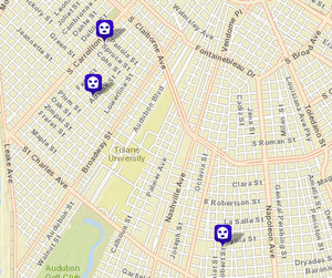 Carjackings on Spruce, Jeanette and South Saratoga Street. (map via NOPD)