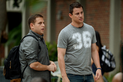 Jonah Hill and Channing Tatum act in a scene being filmed Tuesday for "22 Jump Street" on the Tulane University campus. (Photo by Paula Burch-Celentano/Tulane University, reprinted courtesy of New Wave)