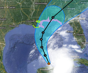 Tropical Storm Karen is expected to strengthen into a Category 1 hurricane tracking toward the central Gulf Coast this weekend. (map via the National Hurricane Center)