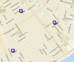 Robbery and robbery attempts on Magazine and Baronne streets; incident on Third not shown. (via NOPD)
