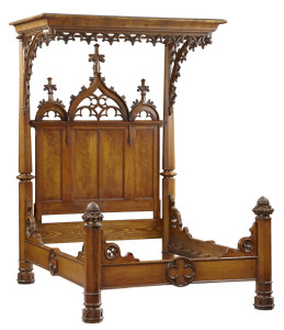 American Gothic Revival carved oak half tester bed, circa mid-19th century, impressive at 97 inches tall.