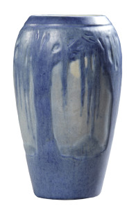 Newcomb College art pottery matte glaze vase in the “Moon and Moss” motif, 5 1/8 inches tall, circa 1930.