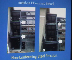 The floors in the stair towers are not parallel because the steel beams supporting them lean, according to a slide shown by school officials Saturday. (UptownMessenger.com)