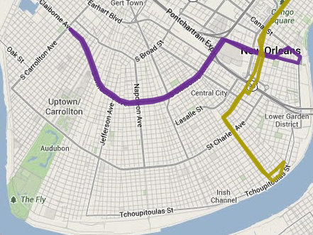 The Claiborne bus line is shown in purple, and the Jackson route through Uptown is in tan. (via norta.com)