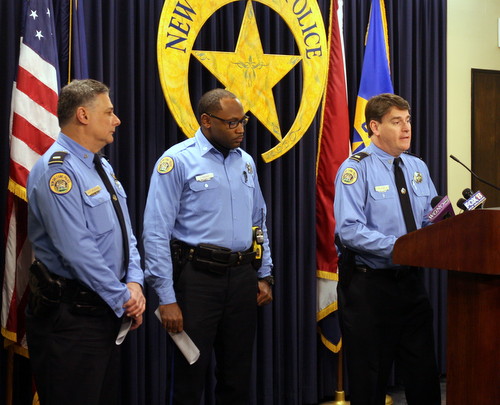 Lt. Anthony Monaco, Officer Justin Brown and Lt. Frank Young speak at a news conference Thursday afternoon at NOPD headquarters. (Robert Morris, UptownMessenger.com)