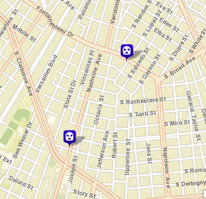 Robbery on Nashville and South Johnson; robbery attempt on South Lopez. (map via NOPD)