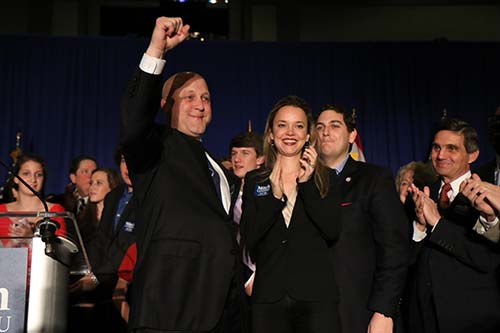 New Orleans mayor Mitch Landrieu celebrates his re-election.