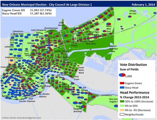 Precinct-level results in the City Council At-Large Division 1 race. (map by Brian Denzer, click for larger PDF version)
