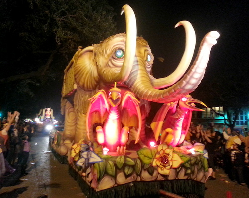 The Krewe of Pygmalion's signature "Pygmammoth" float rolls up Napoleon Avenue. (Robert Morris, UptownMessenger.com)