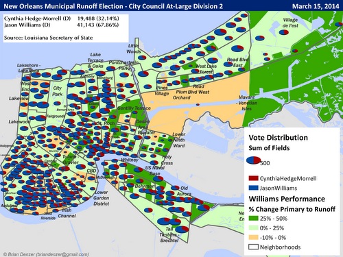 A map of results in the City Council At-Large race. Areas shaded dark green show precincts where Jason Williams improved his results by 25 percent or more. (map by Brian Denzer; click for larger PDF)