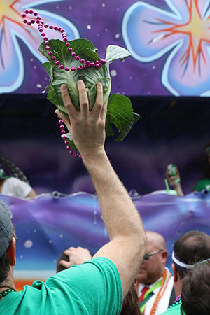 A parade goer catches a cabbage, prize throw of the Irish Channel Parade.