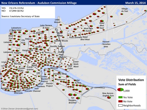 Precinct-level results for the tax proposal supporting the Audubon Nature Institute. (map by Brian Denzer; click for larger PDF)