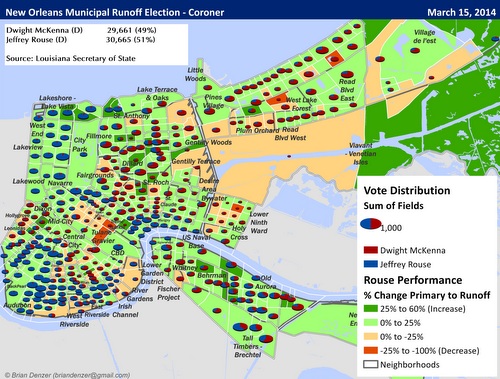Precinct-level results in the runoff for Orleans Parish Coroner. (map by Brian Denzer; click for full-sized PDF)