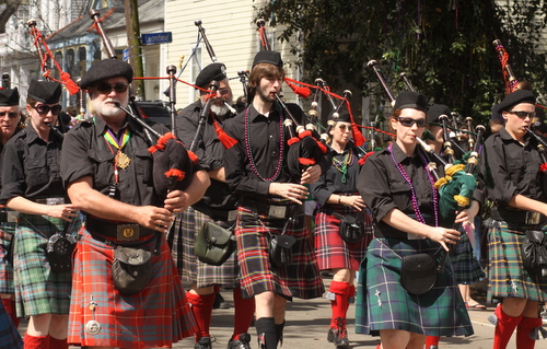 A line of bagpipes leads the Krewe of Okeanos on Magazine. (Robert Morris, UptownMessenger.com)