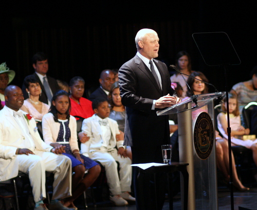 Mayor Mitch Landrieu delivers his inaugural address as members of the City Council watch on Monday morning at the Saenger Theatre. (Robert Morris, UptownMessenger.com)