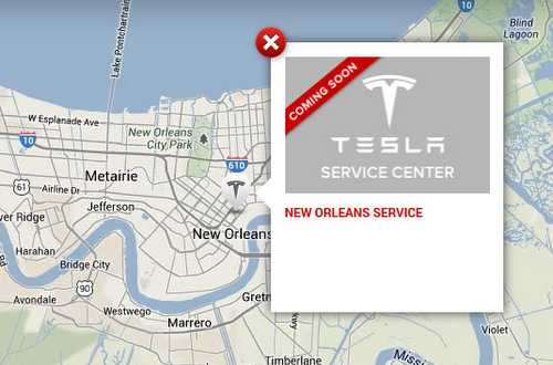 Tesla Motors plans a service center at an as-yet-unspecified location in New Orleans, according to their website. (via teslamotors.com)