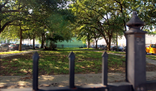 A black iron fence surrounds a green space at Constance and Harmony owned by Ruppert Kohlmaier. (Robert Morris, UptownMessenger.com)