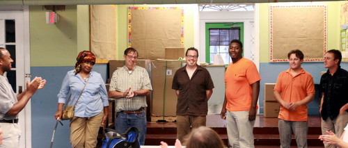 From far left, Freret Neighbors United board members Andrew Amacker, Linda Compton and Richard Dimitry, secretary Scott Solo, president Stan Norwood, vice president Michael Collins and board member Matt. (Robert Morris, UptownMessenger.com)