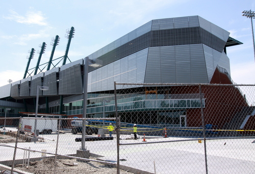 Work continued on Yulman Stadium (seen from Ben Weiner Drive) in August. (Robert Morris, UptownMessenger.com)