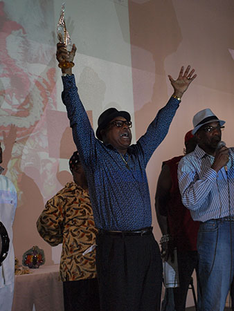 Big Chief Carl Reed of the Carrolton Hunters was the Donald Harrison, Sr. Crystal Feather Honoree. Reed was chosen by vote of previous honorees. (Zach Brien, UptownMessenger.com)