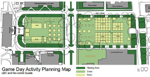 A diagram of on-campus tailgating options on Tulane's central quadrangles. (image via Tulane)