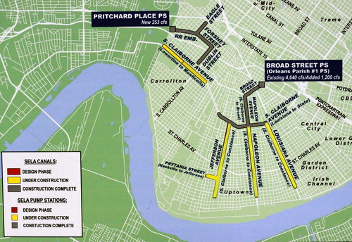 A map of the Southeastern Louisiana Urban Flood Control now shows the final leg on Louisiana Avenue as "under construction." (Robert Morris, UptownMessenger.com)