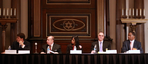 Graham Bosworth (from left), Judge Frank Marullo, Marie Williams, Paul Sens and Byron C. Williams listen to moderator Lee Zurik during Wednesday's voters' forum at Touro Synagogue. (Robert Morris, UptownMessenger.com)