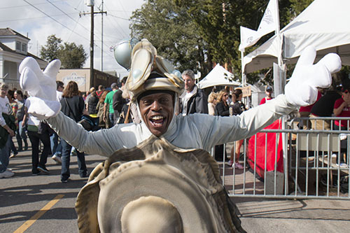 Ike Jackson advertises for Redfish grill's barbecued oyster poboys. Mr. Jackson appeared in American Horror Story the HBO series Treme. (Zach Brien, UptownMessenger.com)