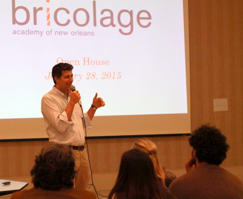 Josh Densen of Bricolage Academy speaks at an open house at the Touro Synagogue campus on Jan. 29. Bricolage is moving out of Touro this year, and Cypress Academy is moving in. (Robert Morris, UptownMessenger.com)
