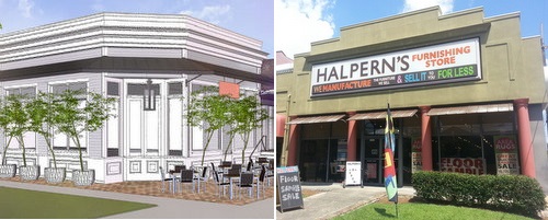 At left, a rendering of the exterior of the new restaurant slated for Magazine and Nashville. At right, the Halpern's building slated to become the Lula restaurant and microdistillery. Both projects won City Council approval on Thursday. (UptownMessenger.com)