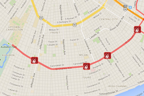 A map of the four stages on St. Charles Avenue during the Rock 'n' Roll Marathon. (via runrocknroll.competitor.com)