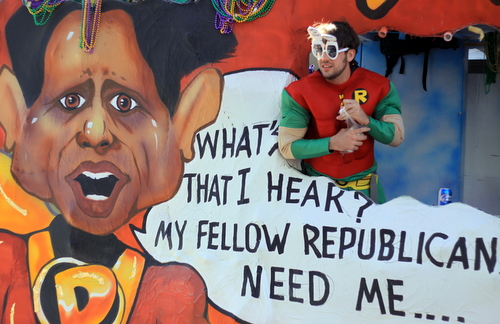 The Krewe of Tucks mocks Gov. Bobby Jindal's presidential aspirations by depicting him as a wannabe superhero. (Robert Morris, UptownMessenger.com)