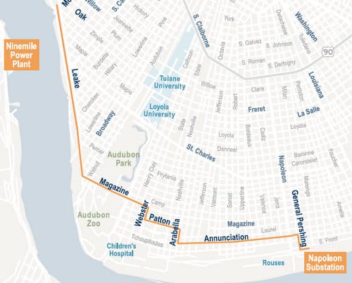 A map of the Ninemile-Napoleon transmission upgrade project path. (courtesy of Entergy)