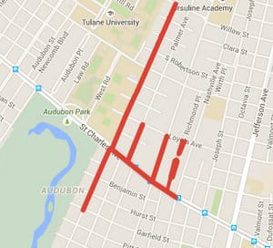 A map of the areas experiencing low water pressure Saturday. (via Google Maps)