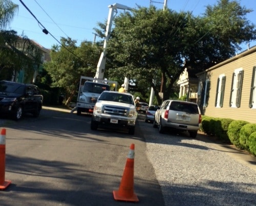 Entergy trucks blocking the street on June 2, aka, life in New Orleans. (photo by S.L. Alexander)