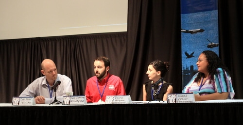 The Rising Tide X transportation panel: Dan Favre of Bike Easy, Jeff Januszek of Fix My Streets, Rachel Heiligman of Ride New Orleans, and resident Amanda Soprano. (Robert Morris, UptownMessenger.com)