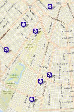 Seven robberies between Saturday, Aug. 8, and Thursday, Aug. 13. Not shown: an eighth robbery at 5 a.m. Friday on Willow near Octavia. (map via NOPD)
