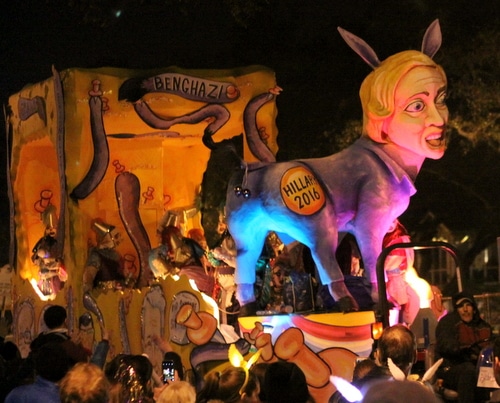 The "Pin the Tail on the Donkey" float in Le Krewe d'Etat rolls on Napoleon Avenue. (Robert Morris, UptownMessenger.com)
