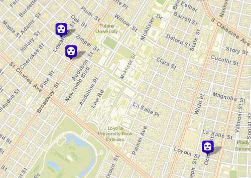Three armed robberies reported in the university area, police say. (map via NOPD)