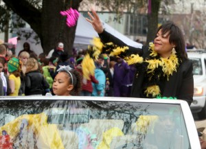 Councilwoman LaToya Cantrell rides in the Krewe of Zulu on Mardi Gras day, 2013. (UptownMessenger.com file photo by Sabree Hill)