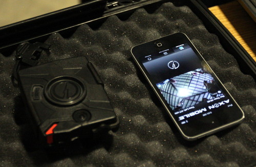 The body camera transmits video to a cell phone in the NOPD Special Operations Division headquarters. 