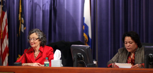 City Council members Jackie Clarkson (left) and LaToya Cantrell present proposed changes to the city's Mardi Gras ordinances on Tuesday morning. (Robert Morris, UptownMessenger.com)
