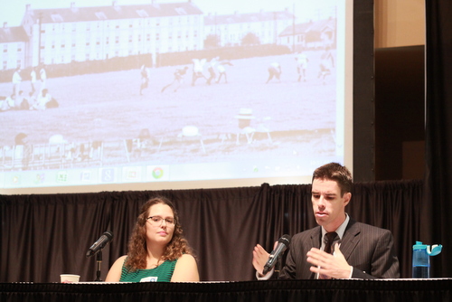 UNO researcher Kevin McQueeney (right) speaks about the history of Palmer Park while his colleague, Jessica Dauterive, listens during a presentation at the Rising Tide conference Saturday at Xavier University. (Robert Morris, UptownMessenger.com)