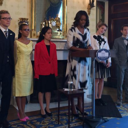 From left, Cameron Messinides, Madeleine LeCesne, Ashley Gong, First Lady Michelle Obama, Julia Falkner and Weston Clark in the Blue Room of the White House, Thursday, Sept. 18. (submitted photo)