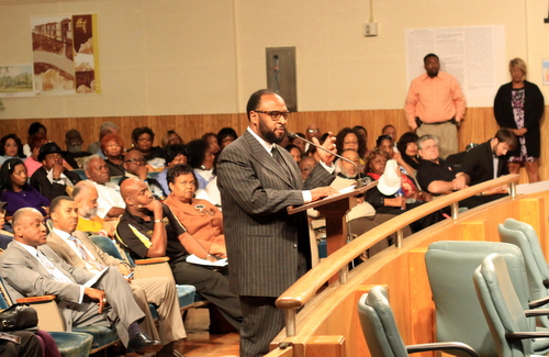 Robert C. Blakes Jr., son of Bishop Robert C. Blakes Sr., speaks to the New Orleans City Council amid a full house seeking the renaming of two streets after Blakes' father and another pastor, John Raphael. (Robert Morris, UptownMessenger.com)