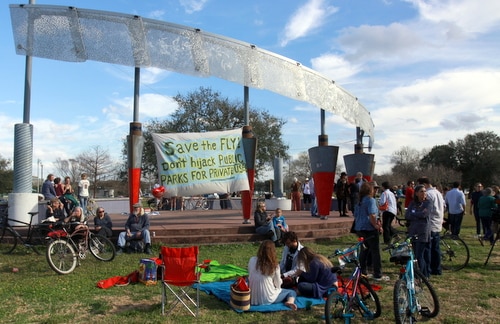 Neighbors rally around the sculpture at "The Fly" on Feb. 15. (Robert Morris, UptownMessenger.com)
