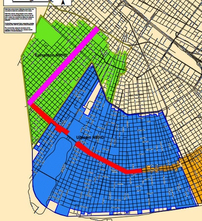 Dark green and dark blue lines show proposed boundaries. (via City of New Orleans; click for enlarged PDF)