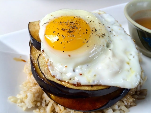 Eggplant Com over Brown Rice with Fried Egg (Kristine Froeba)